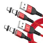 Magnetic Charging Cable,JianHan Multi Magnetic Phone Charger Cable 2 Pack(1M+2M) Nylon Braided, 2 in 1 Magnetic 3A Fast Charger Cable for Smartphones Micro USB/Type C (Red)