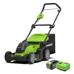 Greenworks Cordless Lawnmower 40V 41cm Incl. Battery 4Ah and Fast Charger, Up to 500m² Mulching 50L 6-Level Cutting Height G40LM41K4