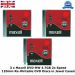 3 x Maxell DVD-RW 4.7GB 2x Speed 120min Re-Writable DVD New Discs in Jewel Cased
