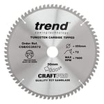 Trend CraftPro TCT Negative Hook Cross-Cutting Mitre Saw Blade, 255mm Diameter, 30mm Bore, 72 Teeth, 2.4mm Kerf, -5° Hook, CSB/CC25572