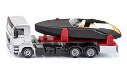 siku 2715, Camion avec bateau à moteur, 1:50, Métal/Plastique, Argent/Noir, Bateau jouet flottable