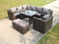9 Seater Grey Rattan Corner Sofa Set Dining Table Chair Foot Rest Garden Furniture Outdoor