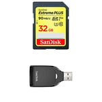 SanDisk Extreme PLUS 32GB SDHC Memory Card Twinpack up to 90MB/s, Class 10, U3 , V30 with SanDisk SD UHS-I Card Reader