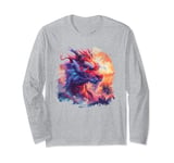 Fierce mythical red dragon sunset palm trees Asian art #2 Long Sleeve T-Shirt