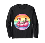 Chill Skeleton Relaxing in Flamingo Floatie Under Rainbow Long Sleeve T-Shirt