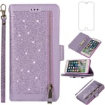 Asuwish Compatible with iPhone 7plus 8plus 7/8 Plus Wallet Case and Tempered Glass Screen Protector Glitter Leather Flip Cover Zipper Stand Phone Cases for i Phone7s 7s + 7+ 8s 8+ Phones8 Women Purple