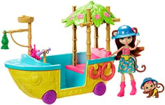 Enchantimals Coffret Bateau d'Exploratrice à roulettes, Mini-poupée Merit Singe, Figurine Animale Compass et accessoires, jouet enfant, GFN58