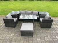 6 Seater Rattan Outdoor Furniture Garden Dining Set with Oblong Dining Table 2 Side Tables Big Footstool