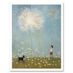 Chasing the Giant Dandelion Dream Artwork Giant Wish Oil Painting Kids Bedroom Child and Pet Dog in Daisy Field Art Print Framed Poster Wall Decor 12x