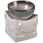 Glazed Ceramic Elephant Oil Burner - 10.5cm x 9cm (1 Pc) - Two Tone Cream & Green Effect - Perfect for Aromatherapy and Home Decor