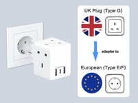 New UK to EU Euro Europe Plug Adapter European Travel Adapter 2 USB & Type C
