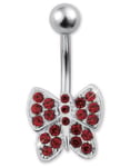 Fjäril m/Röda Stenar  - Navelpiercing i Äkta Silver