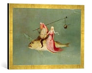 'Encadré Image de Hieronymus Bosch "The Temptation of St. Anthony, RIGHT HAND Panel, detail of a couple Riding A Fish, d'art dans le cadre de haute qualité Photos fait main, 60 x 40 cm, or Raya