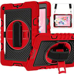 Case for iPad mini 4/5 Generation Case Shockproof Full Body Coverage with Built-in Kickstand and 360° Rotating Hand Strap& Stand Carrying Strap(Red+Black)