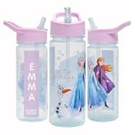Disney Frozen Magic Personalised Sticker Water Bottle with Straw 500ml – Official Merchandise by Polar Gear, Kids Reusable Non Spill BPA Free Tritan – Ideal For School Nursery Sports Picnic - Purple