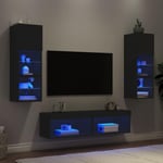 Tv-møbel til væg 6 dele med LED-lys konstrueret træ sort