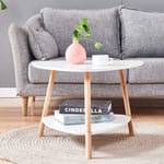 Huisen Furniture Small Oval Side Sofa Table White with 2 Tiers Storage Shelf for Corner Living Room Little Wooden Coffee End Tea Snack Table for Kids Bedroom Balcony