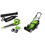 Greenworks 2x24V blower vacuum, mower with 2x4Ah battery and dual-slot charger