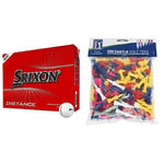 Srixon Distance 10 (NEW MODEL) - Dozen Golf Balls - High Velocity and Responsive Feel & PGA Tour 200 Castle Golf Tees - Red/Yellow/Blue/Pink/Gray
