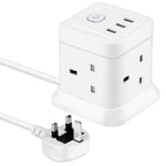 Cube Extension Lead with USB, BEVA UK Power Strip with 4 Way Outlets 3 USB Ports, 1.5M Pure Copper Bold Extension Cable, Surge Protected Multi Extension Plug for Home, Office, Hotel, Travel- White…
