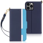 Fyy iPhone 12/12 Pro Case, Premium PU Leather Ultra Slim Flip Phone Case Protective Shockproof Cover with Card Holder Hand Strap for Apple iPhone 12/12 Pro 6.1" (2020) Navy+Cyan