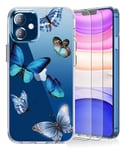 BSLVWG Case for iPhone 12 Mini Case with Screen Protector,Flower Pattern Clear Design Transparent Plastic Hard Back Case with Soft TPU Bumper Protective Cover for iPhone 12 Mini(Blue Butterfly)