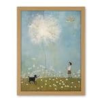 Chasing the Giant Dandelion Dream Artwork Giant Wish Oil Painting Kids Bedroom Child and Pet Dog in Daisy Field Artwork Framed Wall Art Print 18X24 Inch