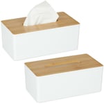 Boîte à mouchoirs, lot de 2, distributeur lingettes salle de bains, plastique, bambou, HxLxP : 10x26x14 cm, blanc-nature