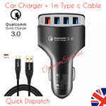 4 Port Car Charger+1m Type-C Charger Cable For Huawei P20 P30 Pro Lite Mate UK