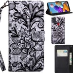 DodoBuy 3D Case for Samsung Galaxy A21s, Flip Wallet Phone Cover PU Leather with Card Slots Kickstand Magnetic Closure Wrist Strap - Black Lace