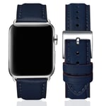 SUNFWR Leather Bands for Apple Watch Strap 45mm 44mm 42mm,Men Women Replacement Genuine Leather Strap for iWatch SE Series 7 6 5 4 3 2 1 Sport,Edition(42mm 44mm 45mm,Dark Blue&Silver)