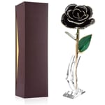 24k Gold Rose Artificial Flower Long Stem Dipped Trim In Gold Gift Box with stand Wife Mom Girl Valentines Day Birthday Christmas Anniversary Birthday Decoration Gifts (Black Rose with Stand)