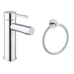 GROHE Essence Single-Lever Basin tap, one Handle Bathroom Mixer, Smooth Body, no Waste, Regular spout, Water-Saving, Easy to Clean, Easy Installation, Chrome, 34294001 + Essentials Towel Ring Silver