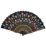TPgoBuy Peacock Pattern Embroidered Flower Pattern Black Cloth Lace Silk Folding Hand Fan Sequins Flower Spanish Style Decorative Fashionable (Colorful)