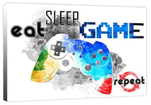 Eat, Sleep, Game, Repeat - Quote Computer Controller Gaming Multicoloured Canvas Wall Art Print Picture