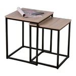 Nest of 2 Square Tables End Side Metal Legs Wooden Veneer Top Industrial Retro