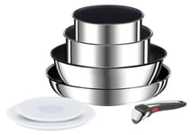Tefal Ingenio Preference ON Saucepan Set, 7 Pieces, Stackable, Removable Handle, Space Saving, Non-Stick, Induction, Stainless Steel, L9749702