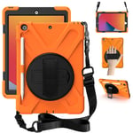 Junfire iPad 9th Generation Case, iPad Case 8th / 7th Generation 10.2 2021 with Rotating Kickstand Hand Strap Pencil Holder Shoulder Strap, Shockproof Case for iPad 10.2 inch 2020/2019-Orange