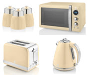 Swan Retro Cream Jug Kettle 2 Slice Toaster Microwave & Canisters Kitchen Set