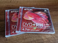 2x TDK DVD+RW 4.7 GB 1-4x Speed DVD Jewel Case Single Sided DVD Rewritable - New