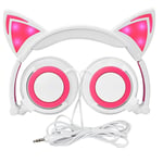 Wired Headphones Over-Ear Foldable Cat Ear Headphones with LED Light For Girls,Children.Compatible for Mp3 Mp4 player,iPhone,Android Phone (white&pink)