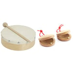 World Rhythm HD-6 Hand Drum - 6 inch Pre-tuned Frame Drum - Beater Included - Authentic Goatskin Drum Head & TIGER CAS14-NT Wooden Castanets - Finger Clackers Clappers - Two pairs (4 shells)