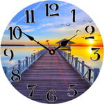 WISKALON 14 Inch Round Home Art Decor Wall Clock,Arabic Numerals Silent Non-Ticking Battery Operated Wall Clock,Easy to Read Wooden Wall Clocks(Bridge over the Sea)