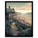 Summer Beach House Coastal Landscape Illustration Art Print Framed Poster Wall Decor 12x16 inch