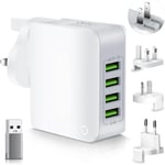 4 Port USB Wall Charger Includes Worldwide Universal travel Adapter 22W/5V 4.4A