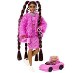 Barbie Poupée Mannequin Extra n° 14 avec Tenue Rose 2 Pièces, Veste Brillante, Très Longs Cheveux, Figurine Chiot et Accessoires, Jouet Enfant, Dès 3 Ans, HHN06