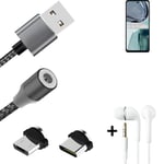 Magnetic charging cable + earphones for Motorola Moto G62 5G + USB type C a. Mic