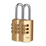 YALE Y150B/22/120/2-2 Pack of Brass Combination Padlocks (22mm) - Indoor Steel Shackle Lock for Backpack, Locker, Tool Box - 3 Dial Lock 1000 Combinations - Standard Security - Multipack