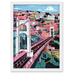 Artery8 Clifton Suspension Bridge Pink and Teal Cityscape Artwork Framed Wall Art Print A4