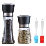 Salt and Pepper Grinder Set, Salt and Pepper Mills Set Salt and Pepper Shakers with Adjustable Coarseness Ceramic Grinder Stainless Steel Sealing Lids and Storage Base with 2PCS Silicone Brushes